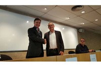 Frederic Vilà i el rector de la UPC, Enric Fossas, en el moment del seu nomenament com a director de l'EPSEVG.