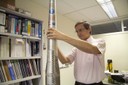 Researcher Climent Molins of the UPC's Department of Civil and Environmental Engineering with his prototype floating structure for offshore wind turbines.