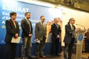 Left to right, the director of the ESEIAAT, Miguel Mudarra; the mayor of Terrassa, Jordi Ballart; the secretary for Universities and Research of the Government of Catalonia, Arcadi Navarro, the Rector’s delegate for the Terrassa Campus, Xavier Cañavate, and the rector of the UPC, Enric Fossas, at the start of the presentation ceremony.