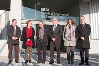 From left to right: the Mayor of Sant Adria de Besos, Joan Callau; the Mayor of Barcelona, Ada Colau; the rector of the UPC, Enric Fossas; the Minister of Business and Knowledge of the Generalitat of Catalonia, Jordi Baiget; the President of the Barcelona Provincial Council, Mercè Conesa and secretary of Universities and Research of the Generalitat of Catalonia, Arcadi Navarro, opposite the main gate EEBE.