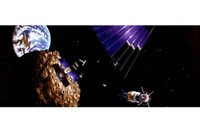 Una simulación de una estación minera flotante sobre los grumos de gas y hielo de un asteroide.  Fuente: NASA /de la artista Denise Watt.